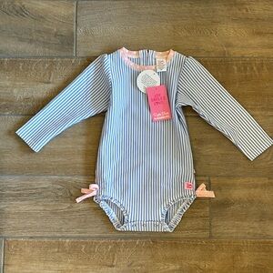 RUFFLE BUTTS Seersucker Long Sleeve Rash Guard One Piece Periwinkle Blue, 2T